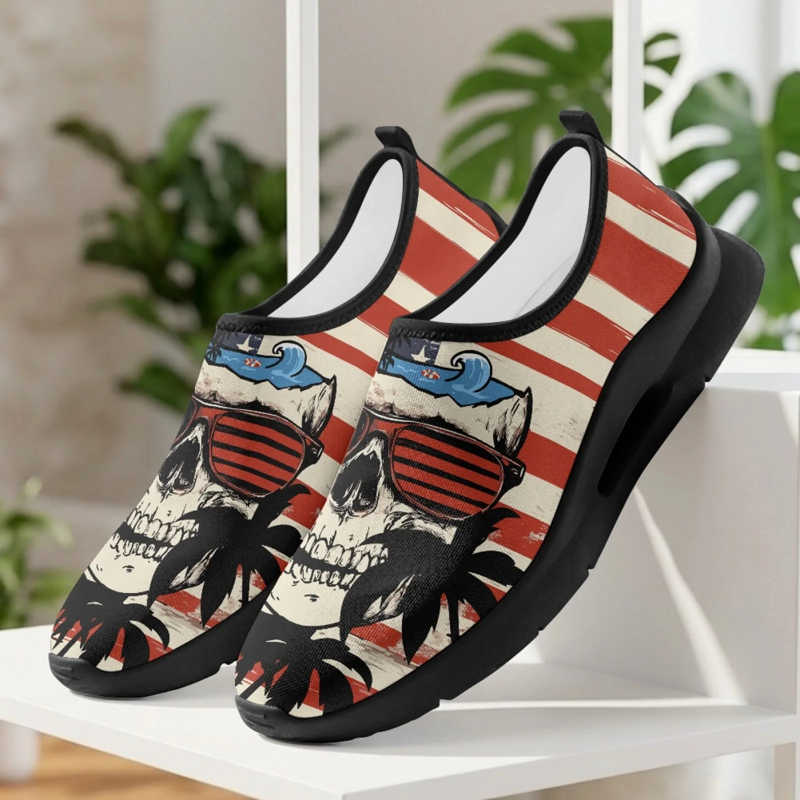 PENSTROLL Mesh & EVA Comfortable Low Top Fashion Sneakers Breathable Walking Shoes for Men Travel Skull and US Flag