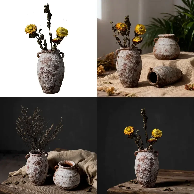 Rustic Ceramic Flower Pot Wabi Sabi Style Coarse Pottery Vase Desktop Planter Retro Home Decor Ornament