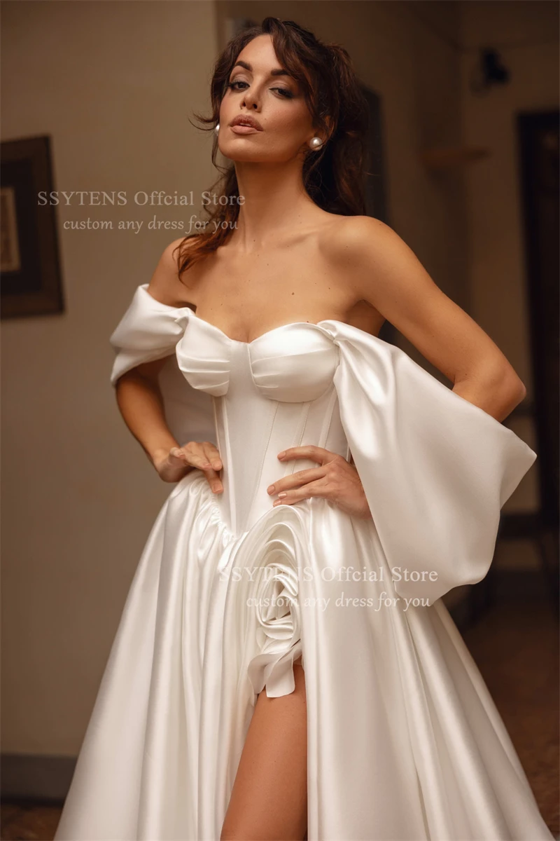 SSYTENS 高級サテンウェディングドレス ハイ スリット チャペル トレイン ブライダルガウン オフショルダー カスタマイズされた A ライン ベストド デ ノイバ