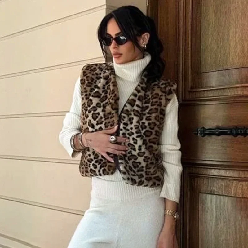 WInter Leopard Patchwork Flauschigen Pelz Weste Für Frauen V-ausschnitt Ärmellose Verstärktes Einreiher Chic Mäntel Weibliche