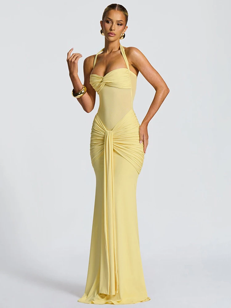 kliou Patchwork Elegante Donna Maxi Abito Classico Sexy Nastri trasparenti Halter Backless Aderente Tendenza femminile Festival Abiti da sera