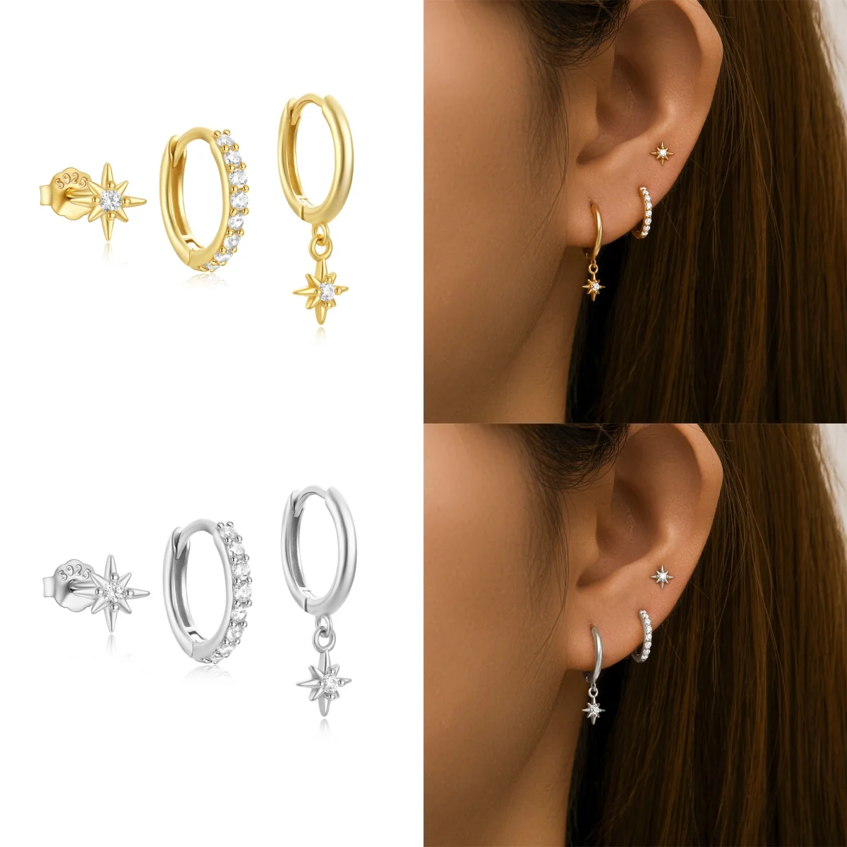 

Серьги-подвески женские из серебра 925 пробы с фианитами, 3 шт.
