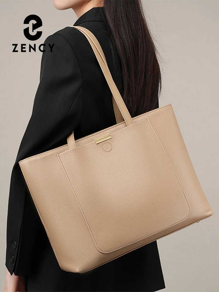 Zency Genuine Leather Women Shoulder Bag Tote Handbag Large Capacity Designer Shopping Bag Front Pocket For Notebook Phone iPad