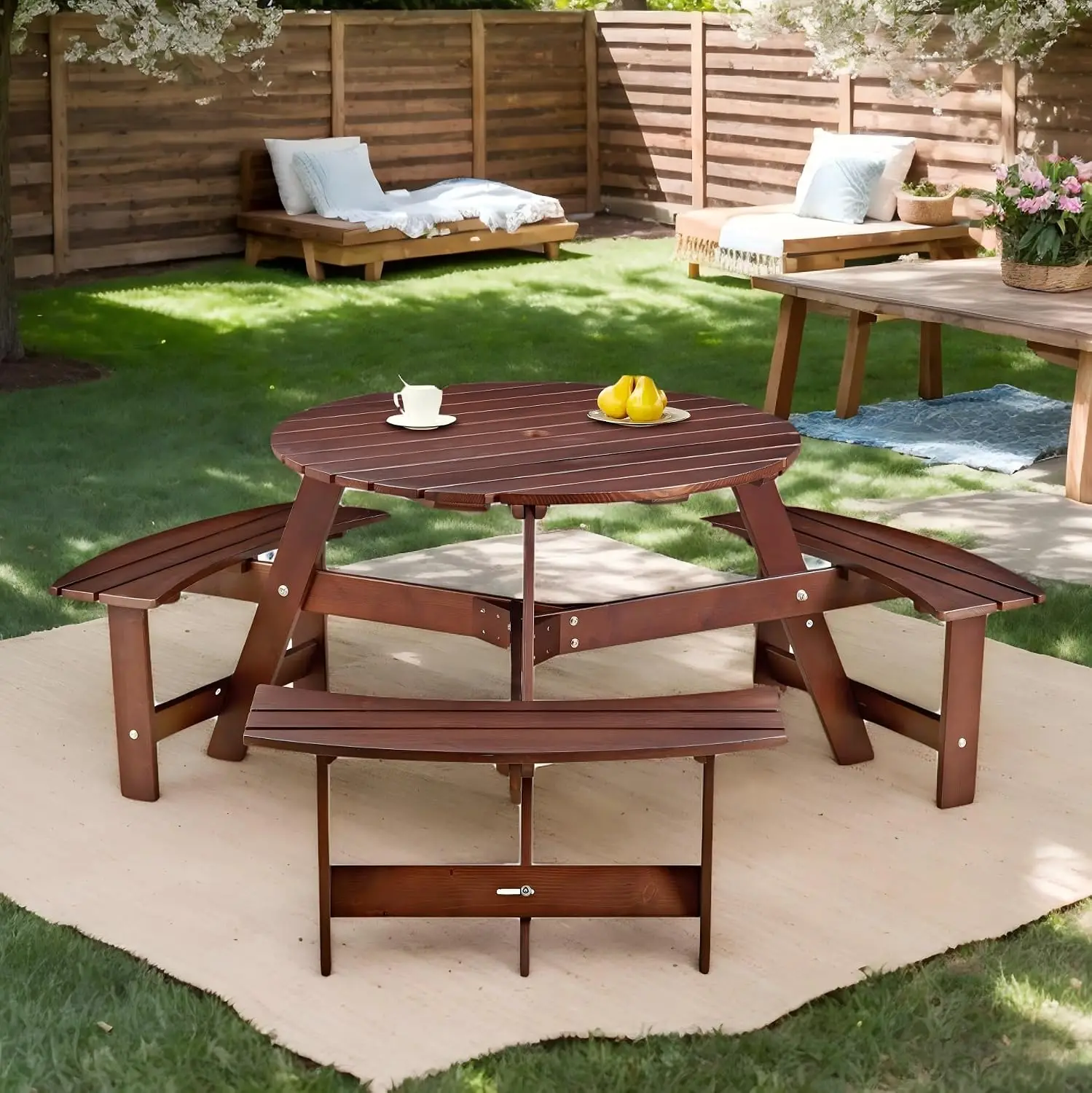 6 Person Wood Picnic Table, Outdoor Round Dining Table with 3 Built-in Benches, Umbrella Hole, Outside Patio Backyard Table and
