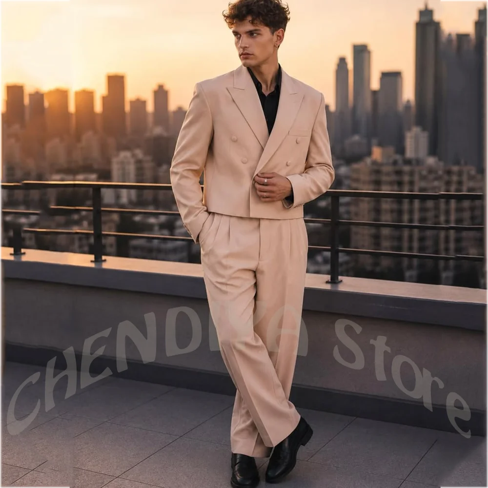 Luxury Men's Double Breasted Suit Set Pleated Wide Leg Pants Two Piece Formal Groom Wedding Prom Business Tuxedo Costume