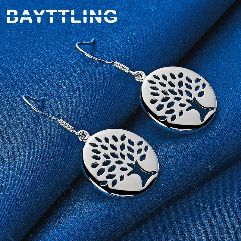 BAYTTLING 925 Sterling Silver 18MM Noble Hollow Tree of Life Earrings For Women Fashion Party Jewelry Gift Earrings