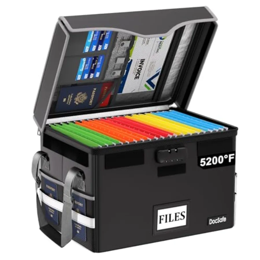 

5200°F Fireproof Document Box with LockHeat Insulated File Organizer Storage with Pockets Collapsible Portable Home Office File