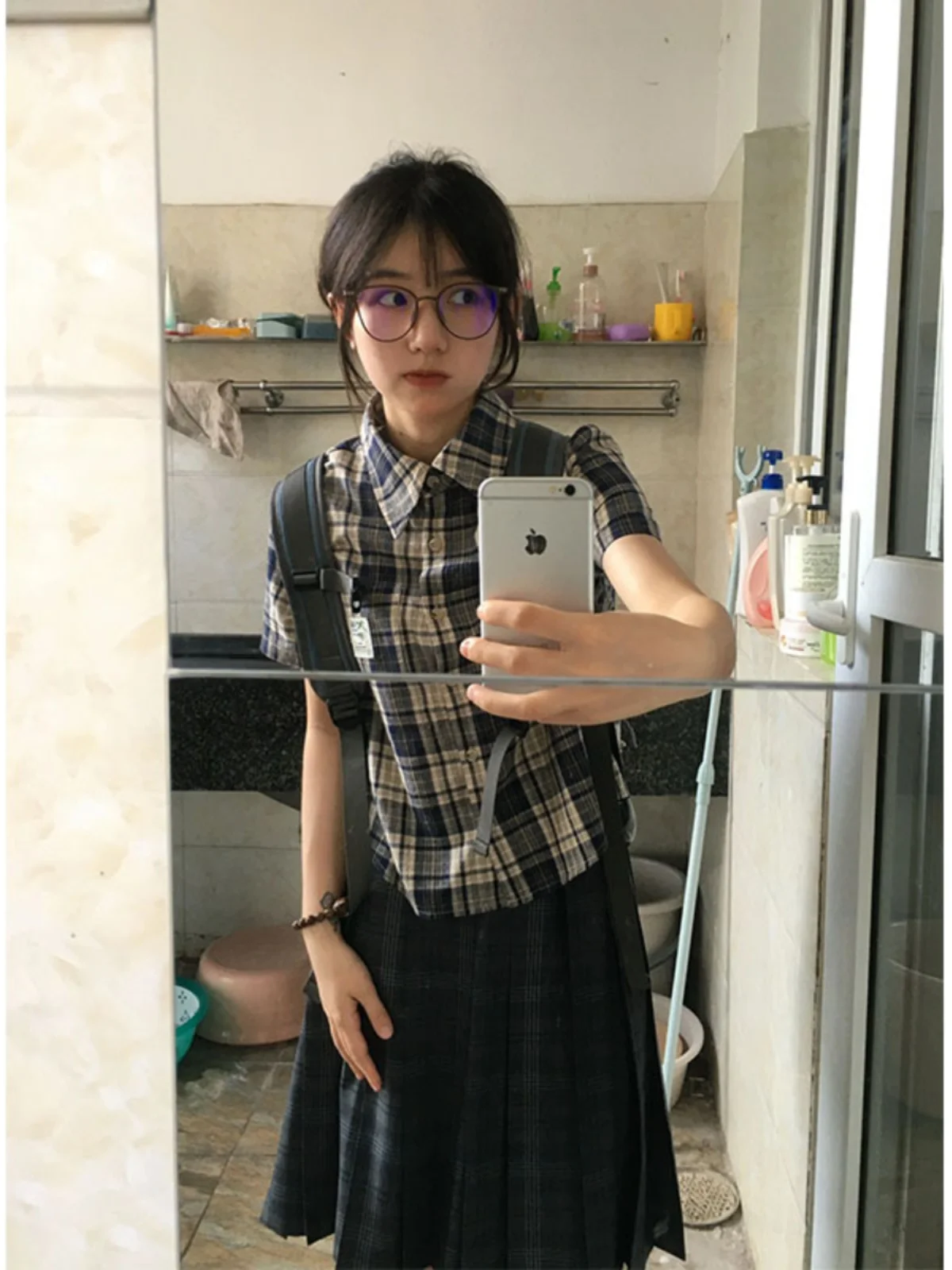 American Retro Navy Blue Plaid Short Short-Sleeved Shirt Women's Summer Silm Small Casual Versatile Slimming Top