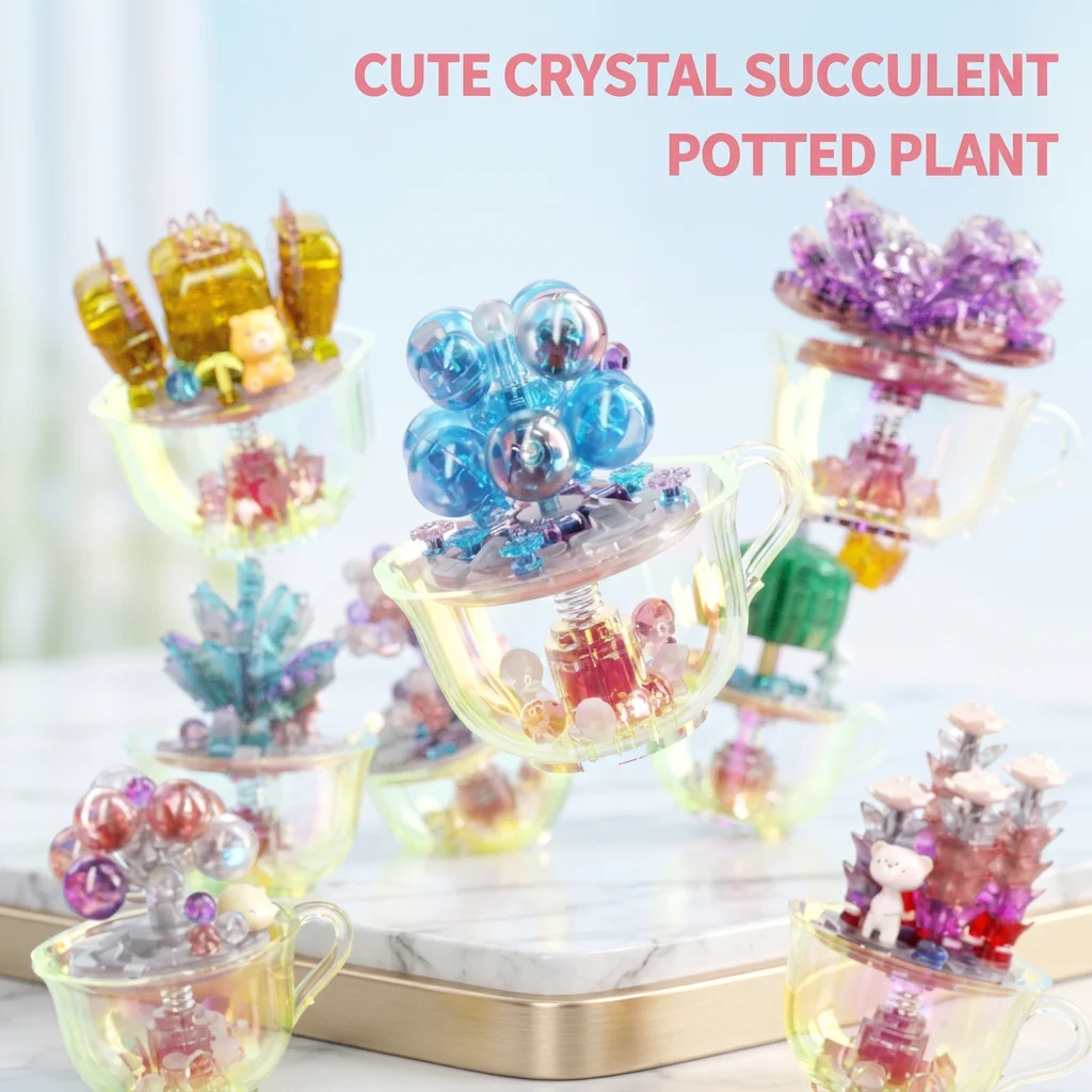 Crystal Succulent Building Blocks Potted Plant Flower Assembly Bricks Desktop Decoration Romantic Diy Toys Idea Holiday Gifts