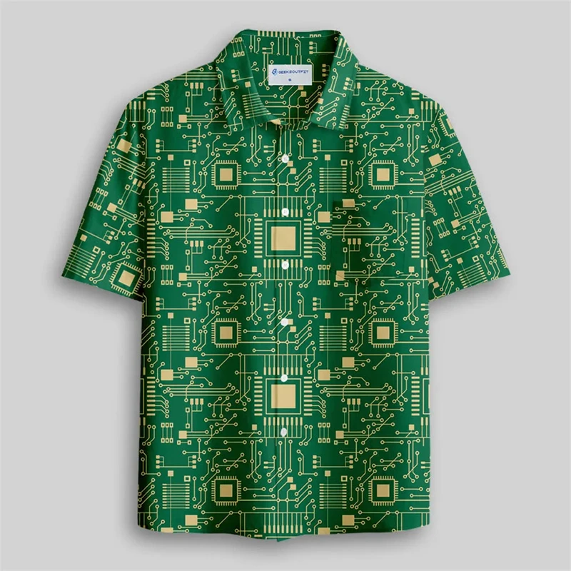 

Personality Men's Shirt 3D Print Mathematical Symbols And Circuit Board Graphic Short Sleeve Lapel Shirts Summer Leisure Loose