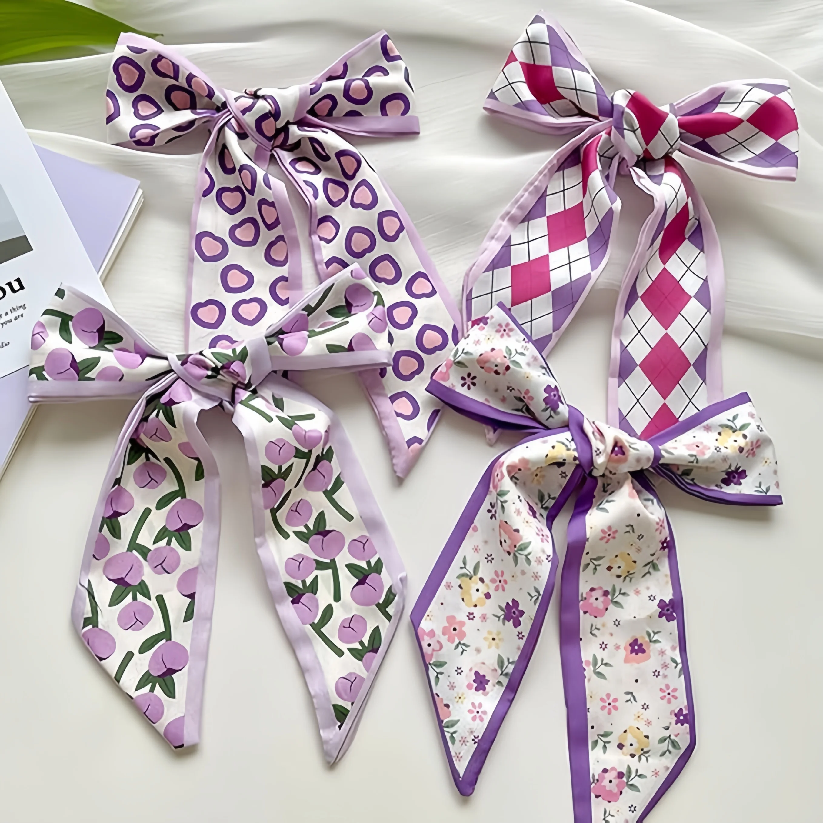 

Purple Floral Hair Ribbon Bandanna Bag Tie Small Silk Scarf Necklaces Korean Versatile Thin Narrow Silk Scarf for Woman