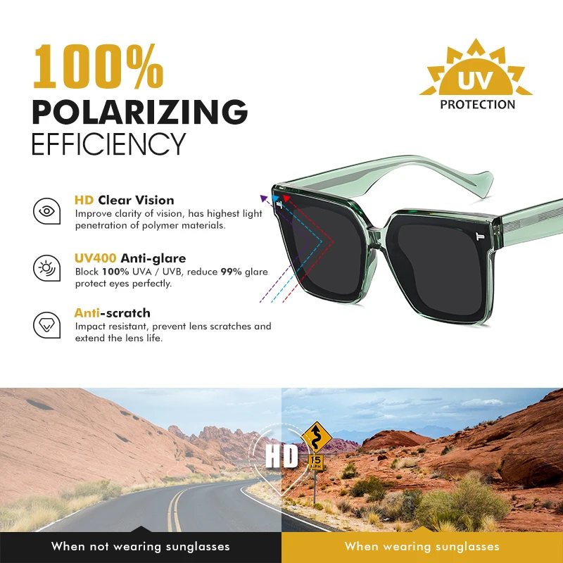 Top Quality Thick Crystal Rivet Square Sunglasses Women Polarized Driving Glasses Men Elegant Oversized lunette de soleil femme