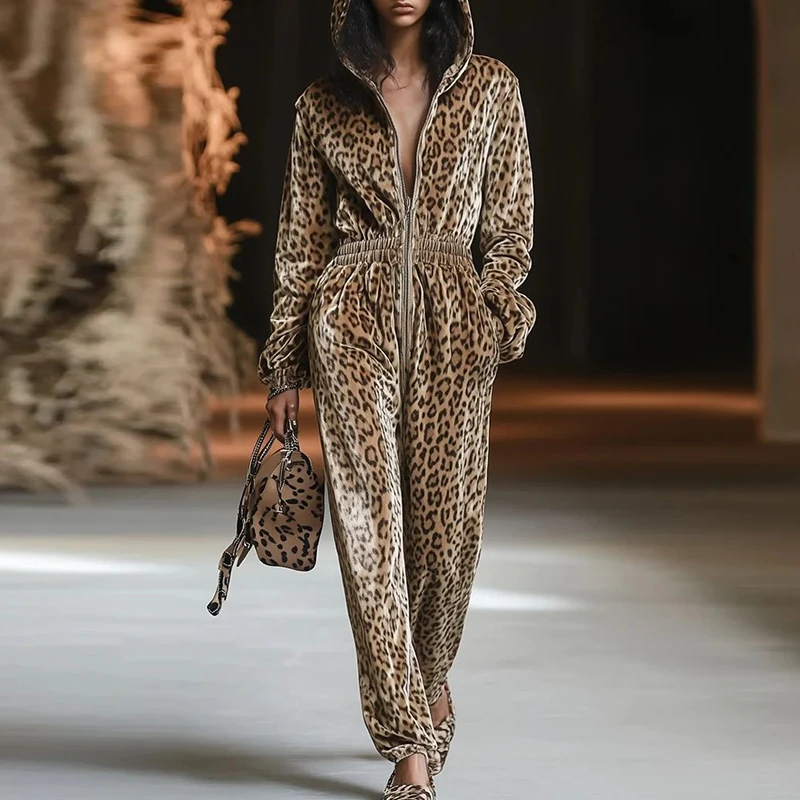 

Новый осенне-зимний комбинезон с леопардовым принтом, винтажный комбинезон с высокой талией и карманами, повседневные комбинезоны с длинными рукавами на молнии и капюшоном