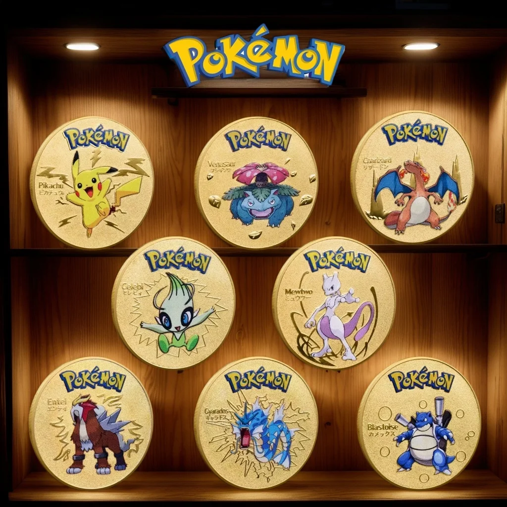 8 stks/set Gouden Pokemons Munten Pikachu Anime Herdenkingsmunt Charizard Gouden Ronde Metalen Munt Speelgoed