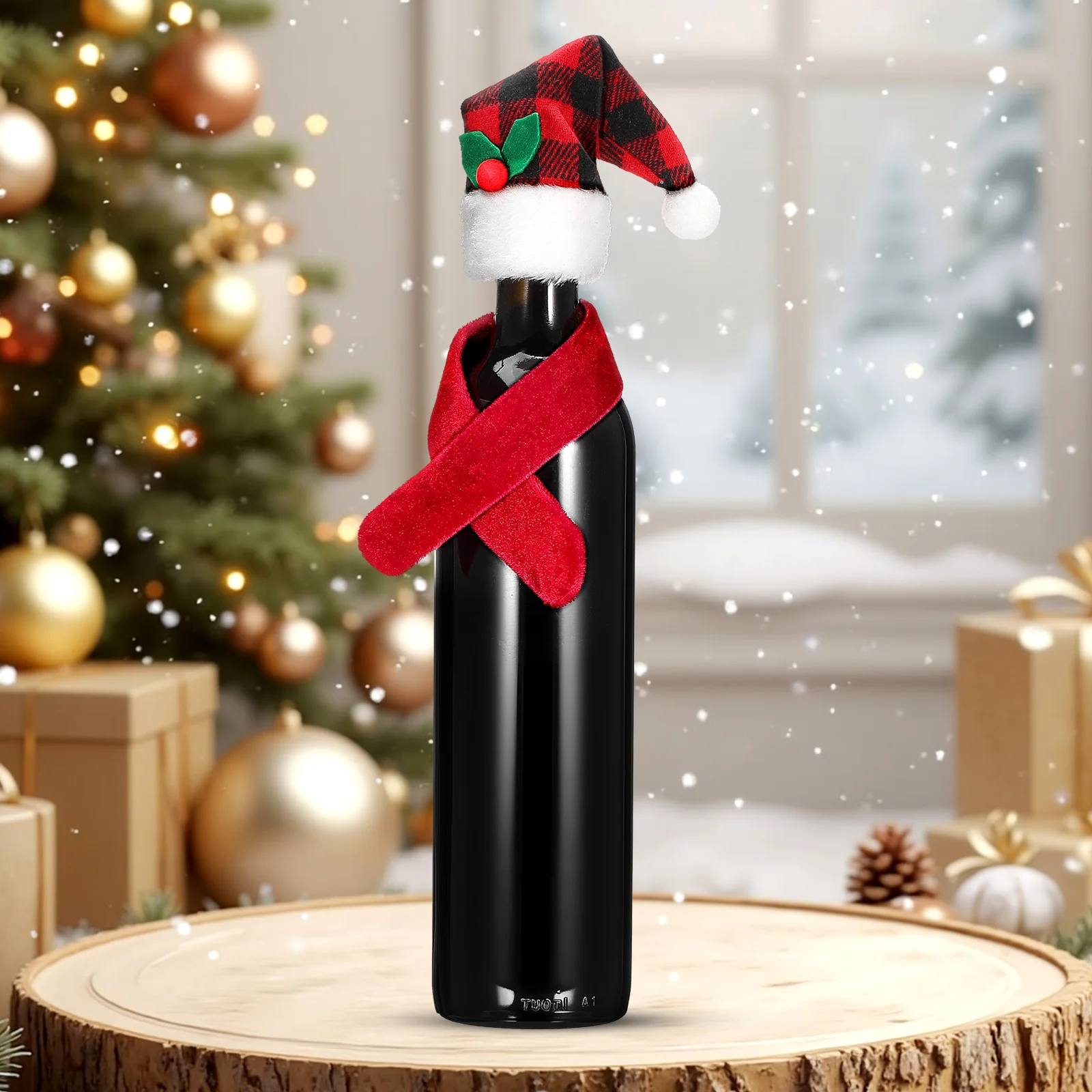 

4Sets Christmas Wine Bottle Covers Buffalo Plaid Mini Santa Hats Scarves Holiday Decorations Wine Bottle Party Favors Xmas