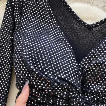 Vintage V-neck Elegantní flitrovaný šik dlouhý rukáv Slim skládaný crop top Dámské korejské módní streetwear High Street podzimní halenka 10 nejlepší prodej halenka s flitry - №6