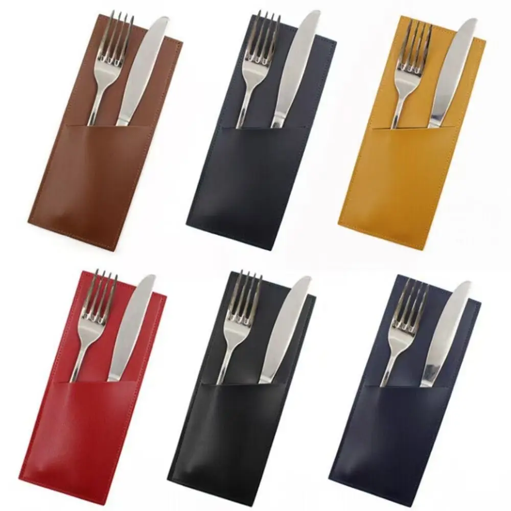 PU Leather Cutlery Storage Bag Simple Design Multi-functional Utensil Storage Pouch Rectangular 3 Pocket Forks Spoons Organizer