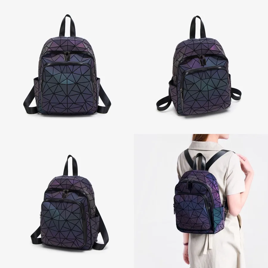 

【New style】Japanese splicing new fashion high-end sense geometric diamond plaid night light shoulder bag versatile school bag l