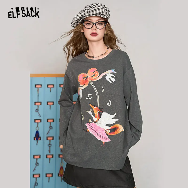 ELFSACK 2024 Autumn New Arrive Dark grey fox print silver loose versatile Korean style long sleeve T-shirt for women