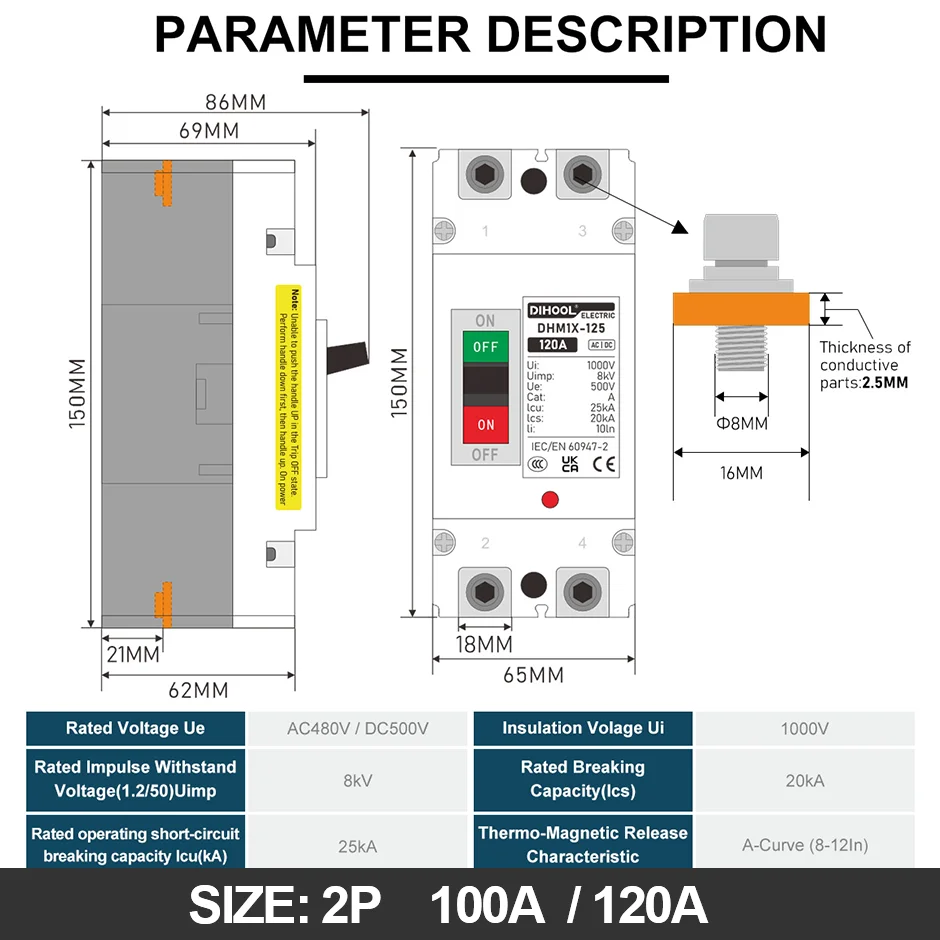 DC MCCB 500V 25KA zonne-gegoten stroomonderbreker 100A 160A 200A 250A fotovoltaïsche PV-batterijsysteem DC / AC-stroomonderbreker