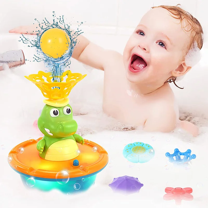 Fountain Crocodile Baby Bath Toys for Toddlers Spray Water Sprinkler Light Up Electric Automatic Floating Rotating Bathtub Toy