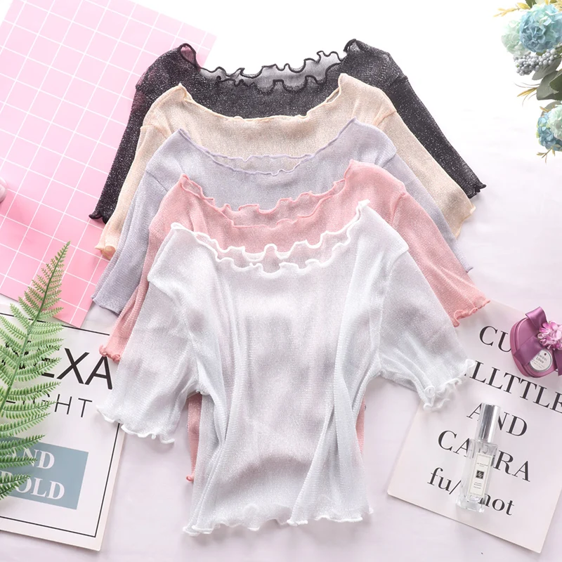 Sexy Short Sleeve Mesh Base Shirt Half Transparent Lace Top Women's Fashion Summer  Black Inner Wear Princess Style round...