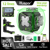 Huepar 3D LCD Display Cross Line Laser Level 12 Lines Green Beam Bluetooth & Remote Control Functions S03CG With Hard Carry Case