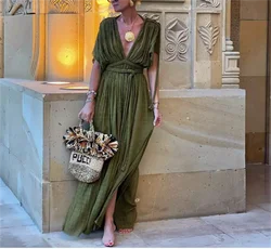 2024 New Elegant Solid Split Robe Dress Sexy Bandage Pleated Slim Long Dress Fashion Off Shoulder High Waist Women Evening Dress