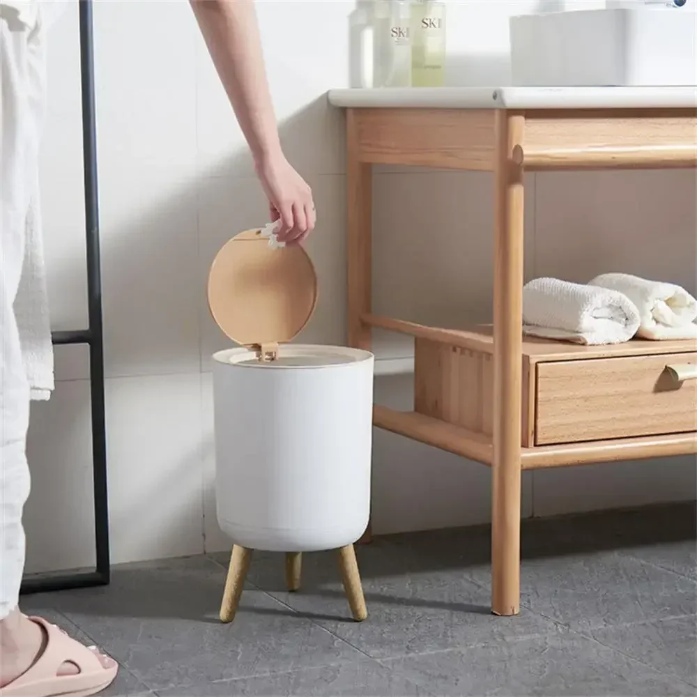 

Trash Can with Lid High Foot Press Dustbin Kitchen Garbage Container Kitchen Trash Can Desktop Dustbin Wooden Grain Press Lid