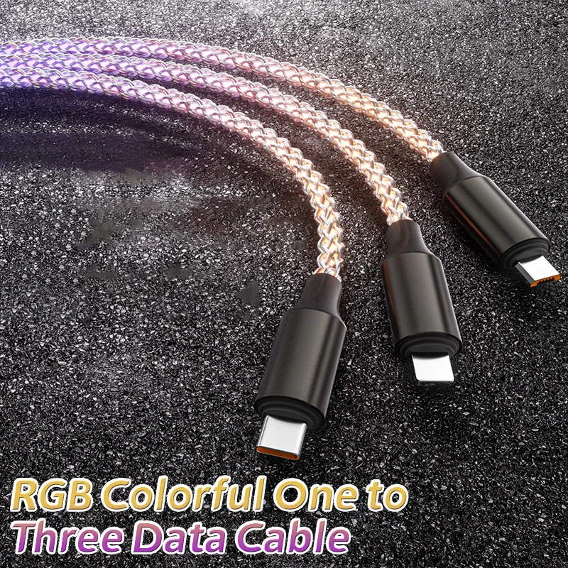 3 IN 1 120W Fast Charging Cable RGB Light USB Type C Micro Data Cords For IPhone Huawei Xiaomi One Drag Three Charging Wires