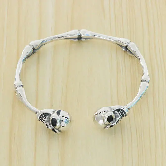 European and American Exaggerated S925 Sterling Silver Bracelet Retro Fine Skeleton Head Punk Open Bracelet Fashion Men Personal