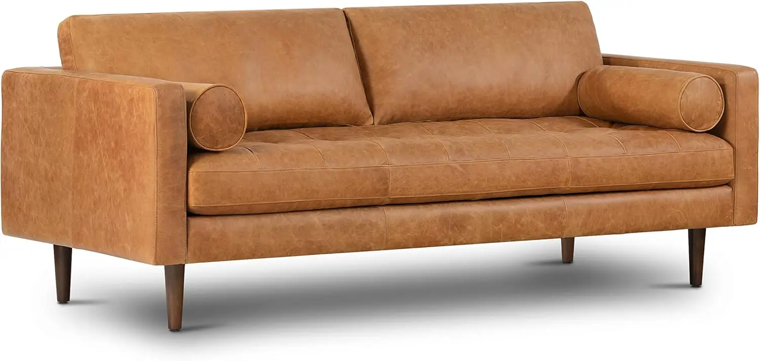 

Cognac Tan Brown Leather Couch 88.5" Mid Century Leather Sofa with 2 Bolsters - Full Grain Camel Leather Couch - Feather