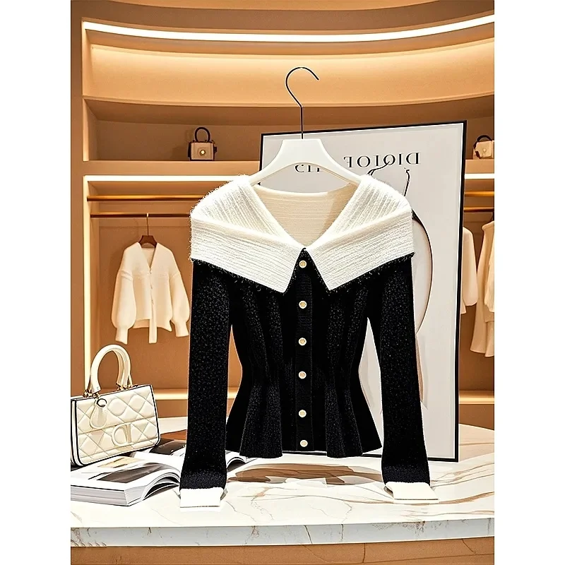 Black And White Contrasting Knitted Sweater Cardigan For Women 2025 New Spring Autumn Winter Super Beautiful Knitwear Coat Top