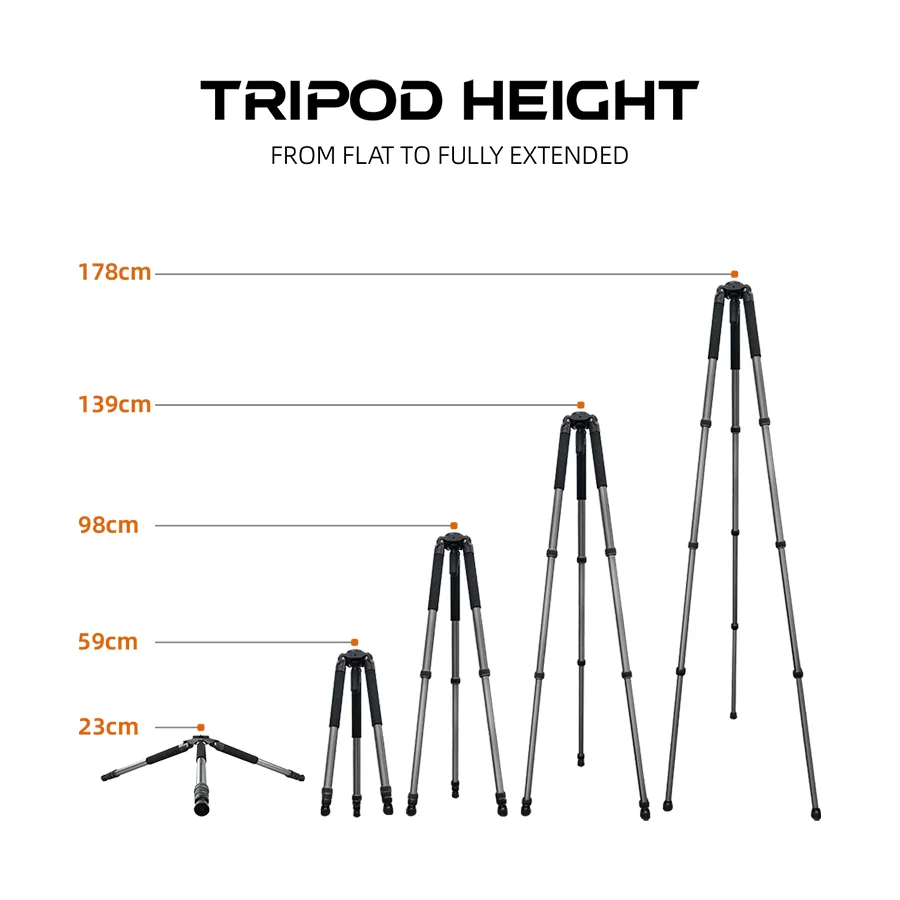 Aluminum Tripod Shooting Optics Video 35Kg Load 178Cm Tall Cnc 6063-T6 Dual 1/4 3/8 Plate Twist Lock Spiked Feet Portable