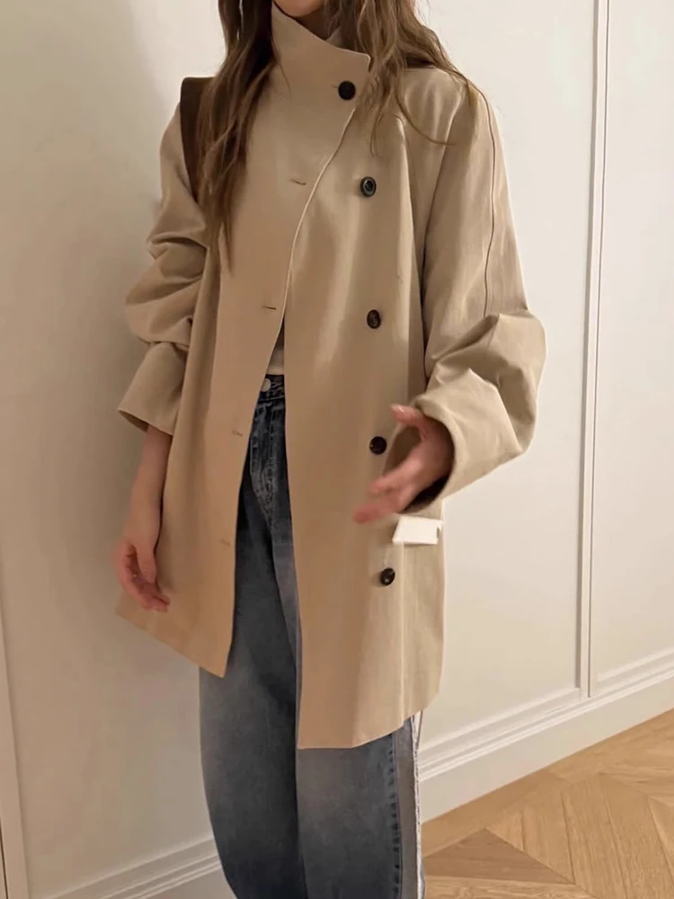 

Chic Autumn Winter Briti Sle Stand Collar Tie Waist Slimming Midi Length Coat Sle Outerwear for Women Commute Korean St...