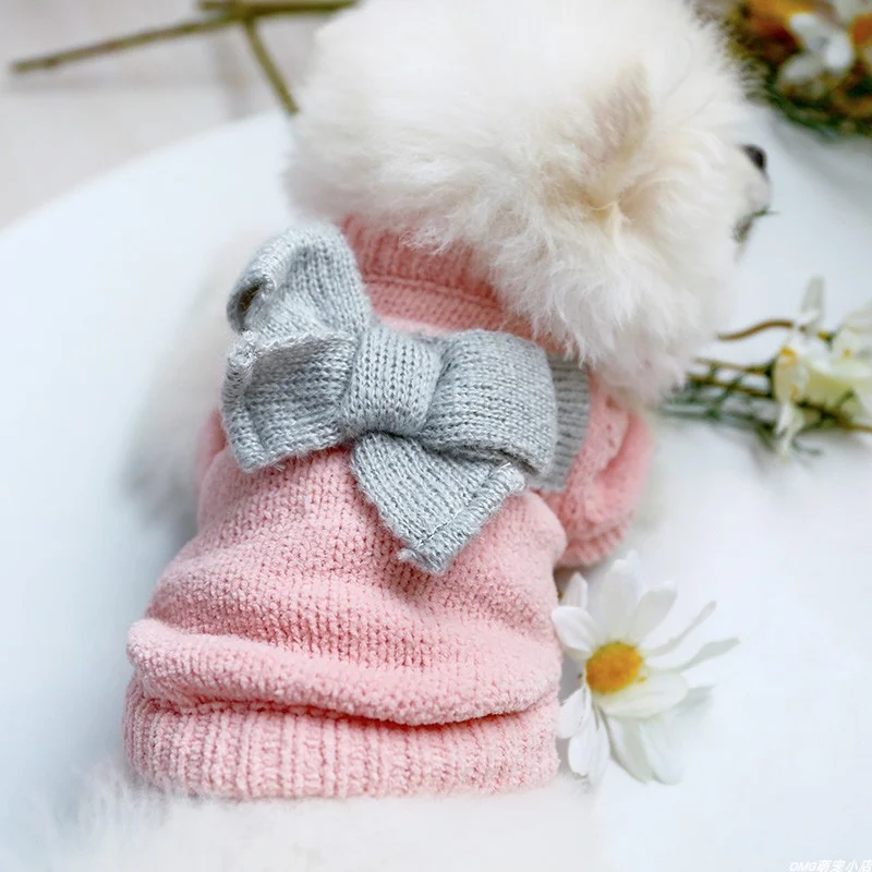 1PC pet clothing dog autumn and winter bow sweater pink pullover elastic knit sweater suitable for small and medium-sized dogs