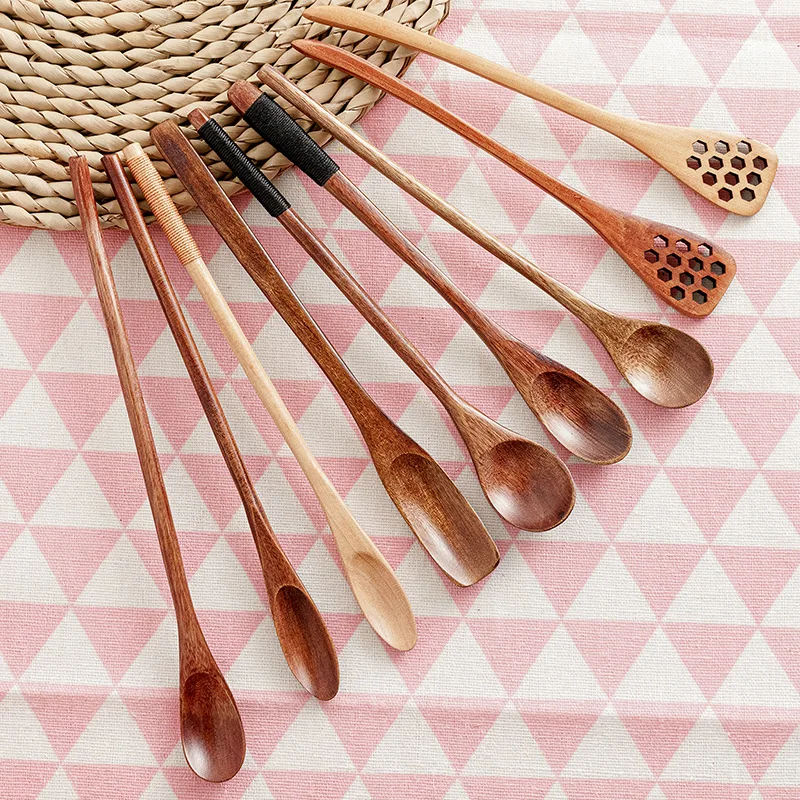 Wooden Long Handle Spoon Coffee Tea Stirring Spoons Dessert Honey Soup Cutlery Japanese Style Kitchen Tools Tableware Dinnerware