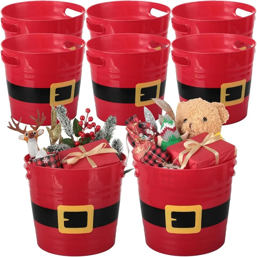 

8 Pack Empty Christmas Plastic Buckets with Handles Red Santa Belt Round Basket Multi Purpose Container Christmas Decorations C