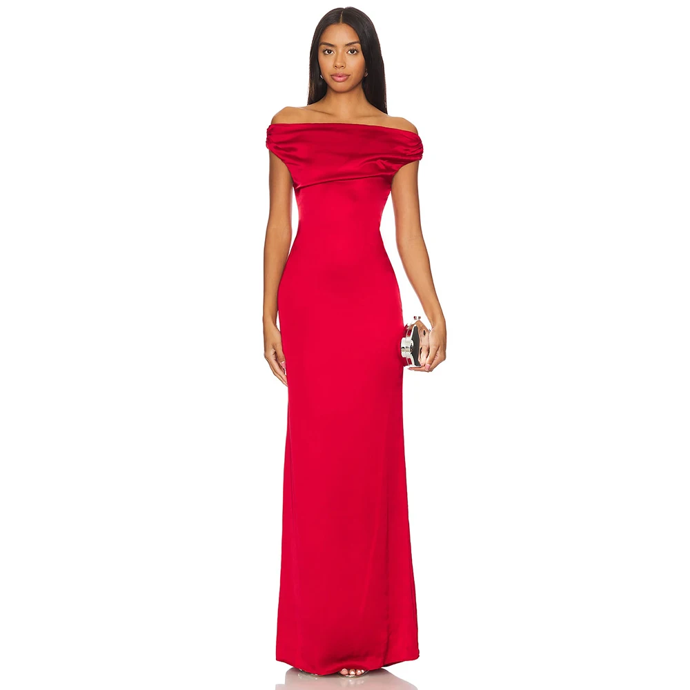 

Red Satin Women's Evening Gown Sheath Formal Party Dress Floor Length Saudi Dress Off The Shoulder Sleeveless Prom Dress