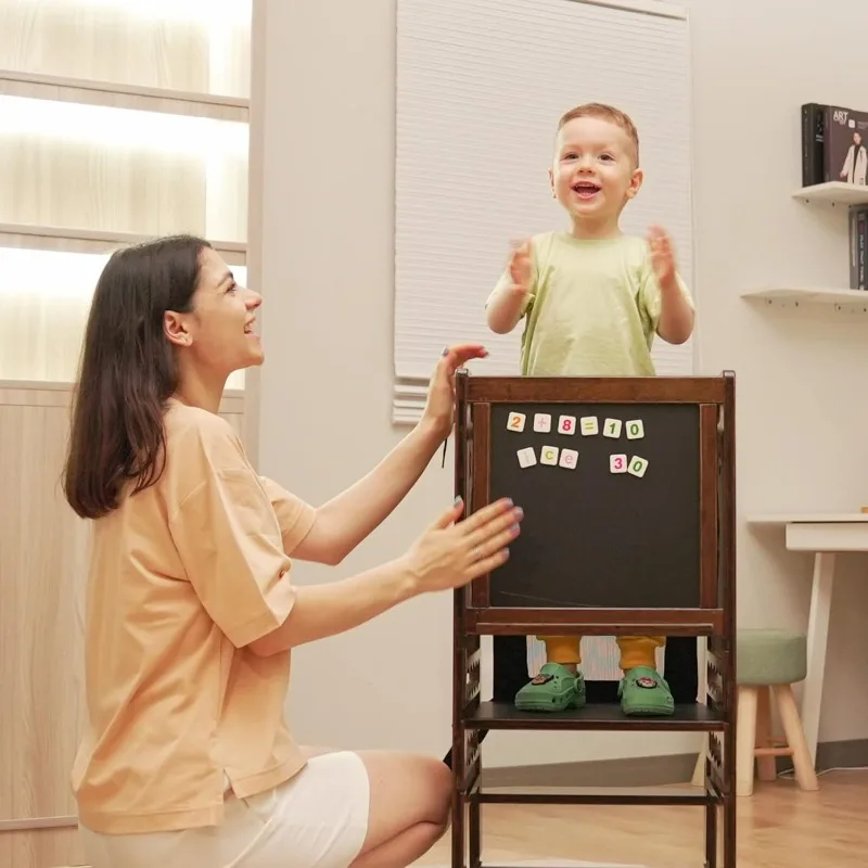 Bamboo Kids Step Stool for Kitchen Height Adjustable Toddler Standing Tower with Keeper and Black & White Activity Board