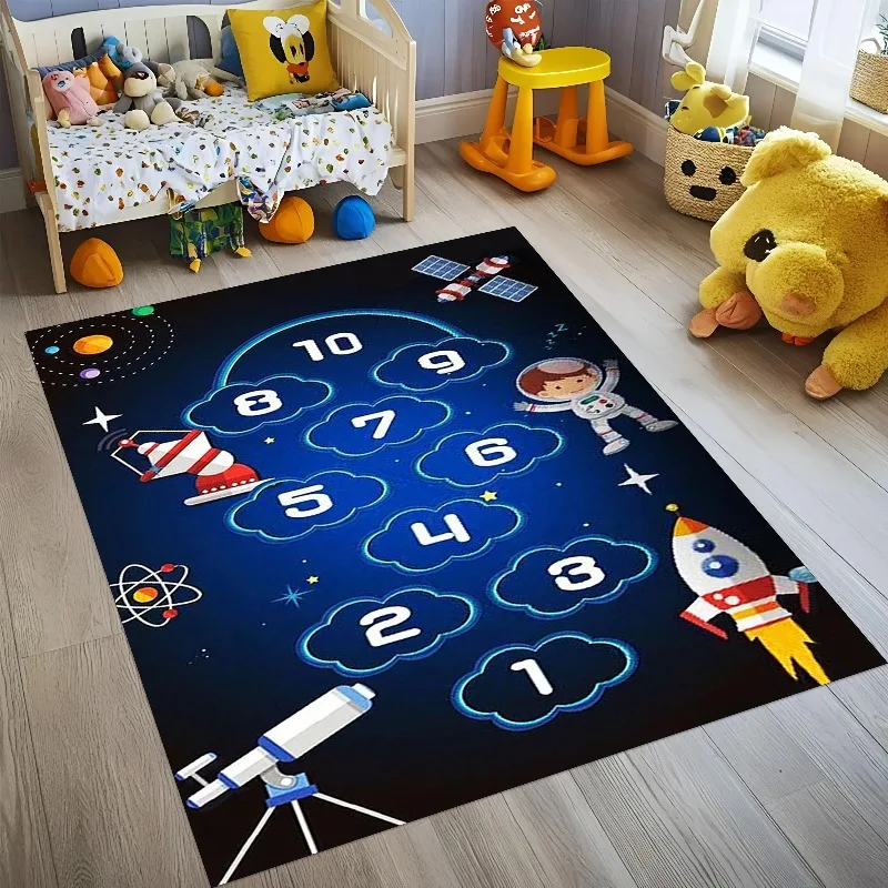 Living Room Rug Retro Biplane Airplanes Printed Large Rectangular Carpet Fiery Space Rocket For Apartment Playroom Sofa