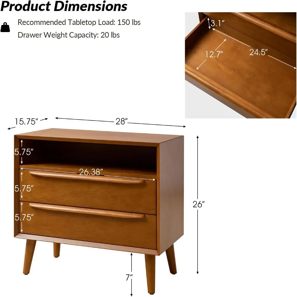 Nightstand Set of 2 with Charging Station Fluted Bedside Table 2 Drawer and Open Shelf Dresser Mid-Century Modern Nightstand