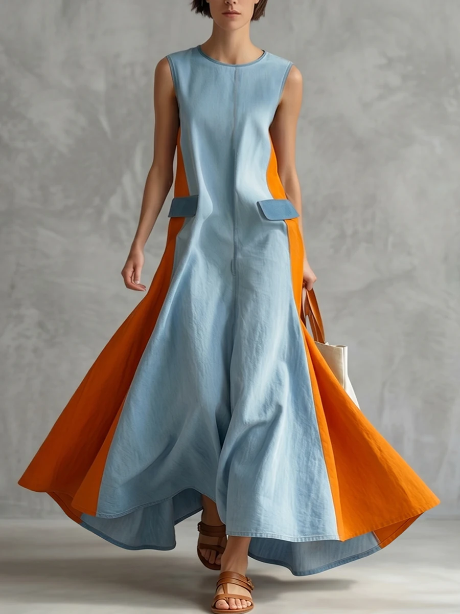 Women Sleeveless Color Block Linen Maxi Dress Round Neck Contrast Blue Orange Panel Midi Long Dress With Fake Pockets