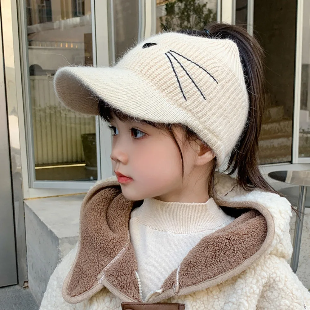 

Cute Solid Color Autumn Winter Hat Lovely Animal Cat Elastic Ear Protection Hat Keep Warm Knitted Empty Top Baseball Cap
