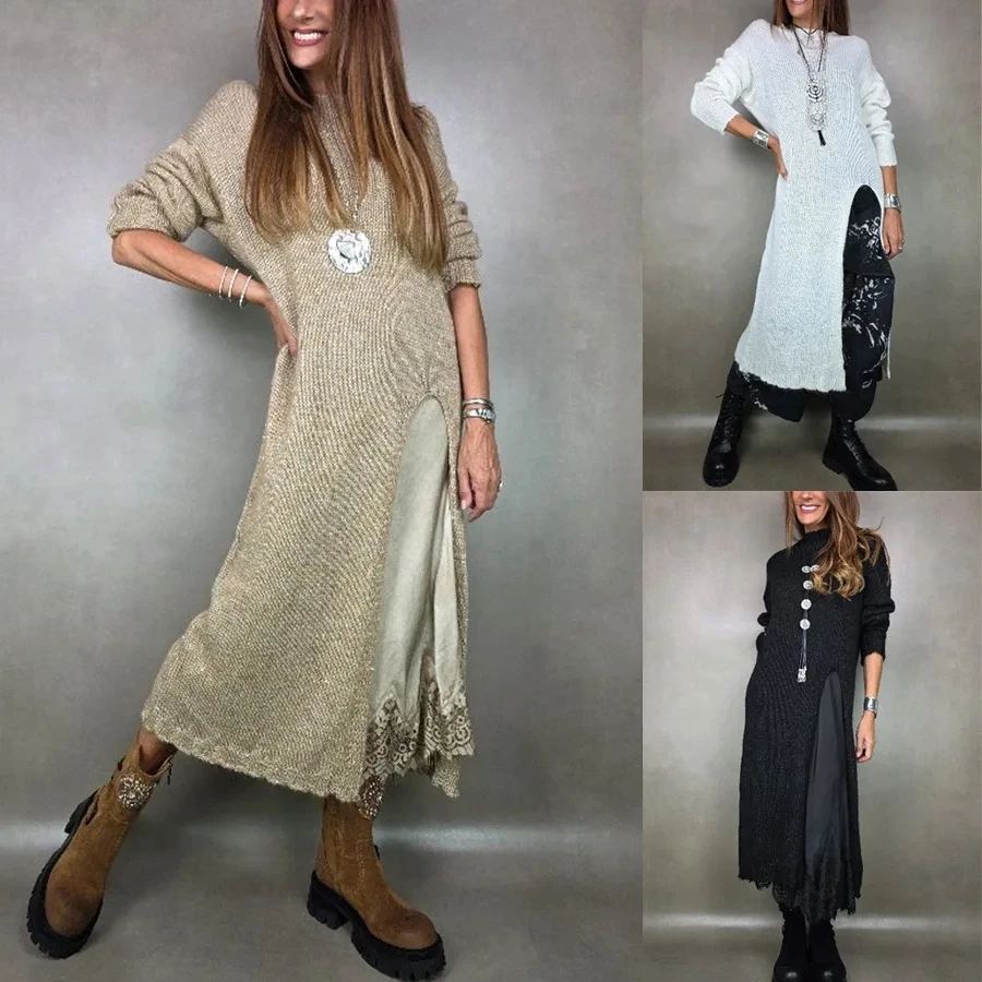 

2026 Autumn Winter New Long Sleeve Loose Sweater Dress Casual Slit Fashion Knitwear Women Multi Color Optional