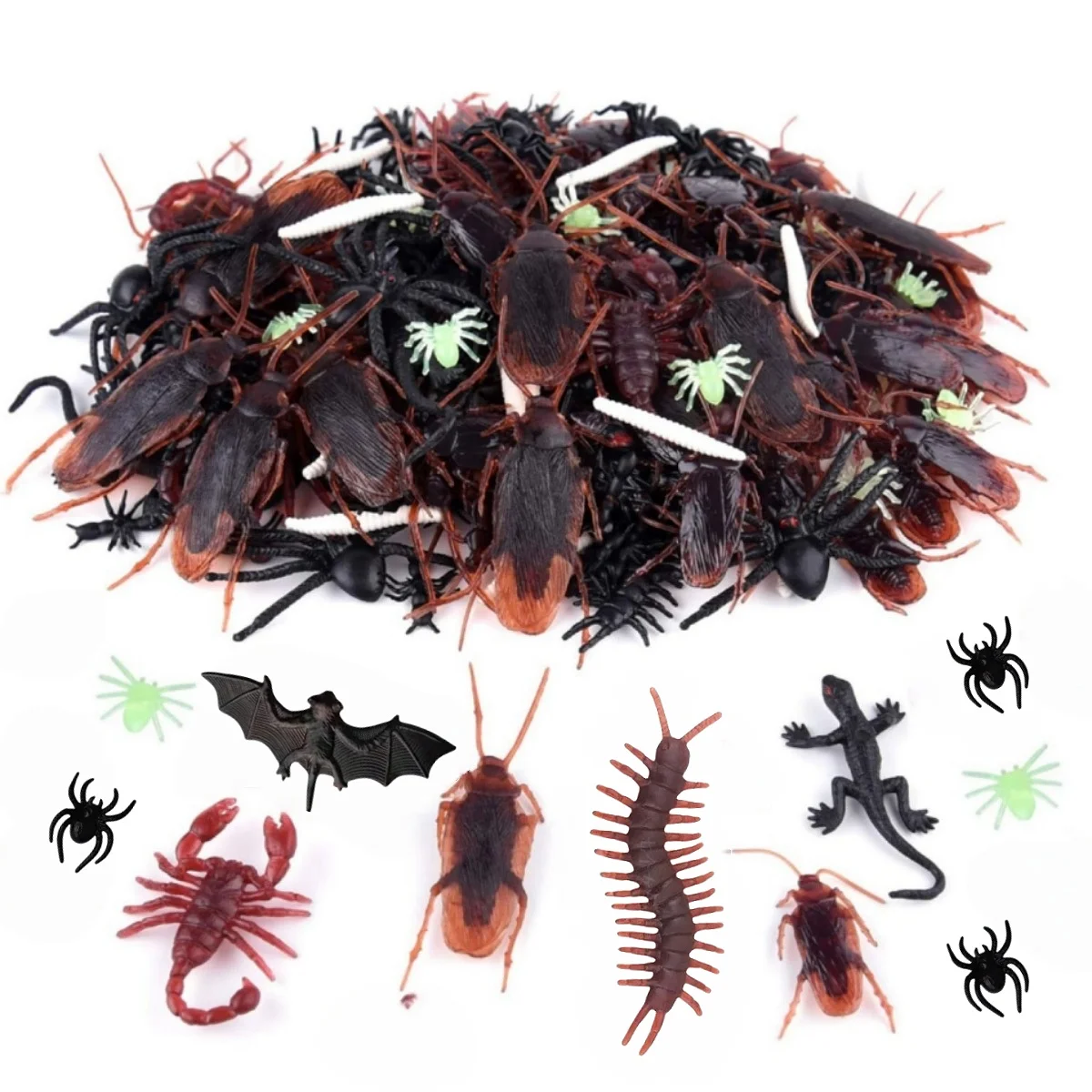 200Pcs Realistic Bugs Plastic Trick Joke Toys Cockroaches Spiders Centipedes Scorpions for Halloween Party Fool's Day Decoration
