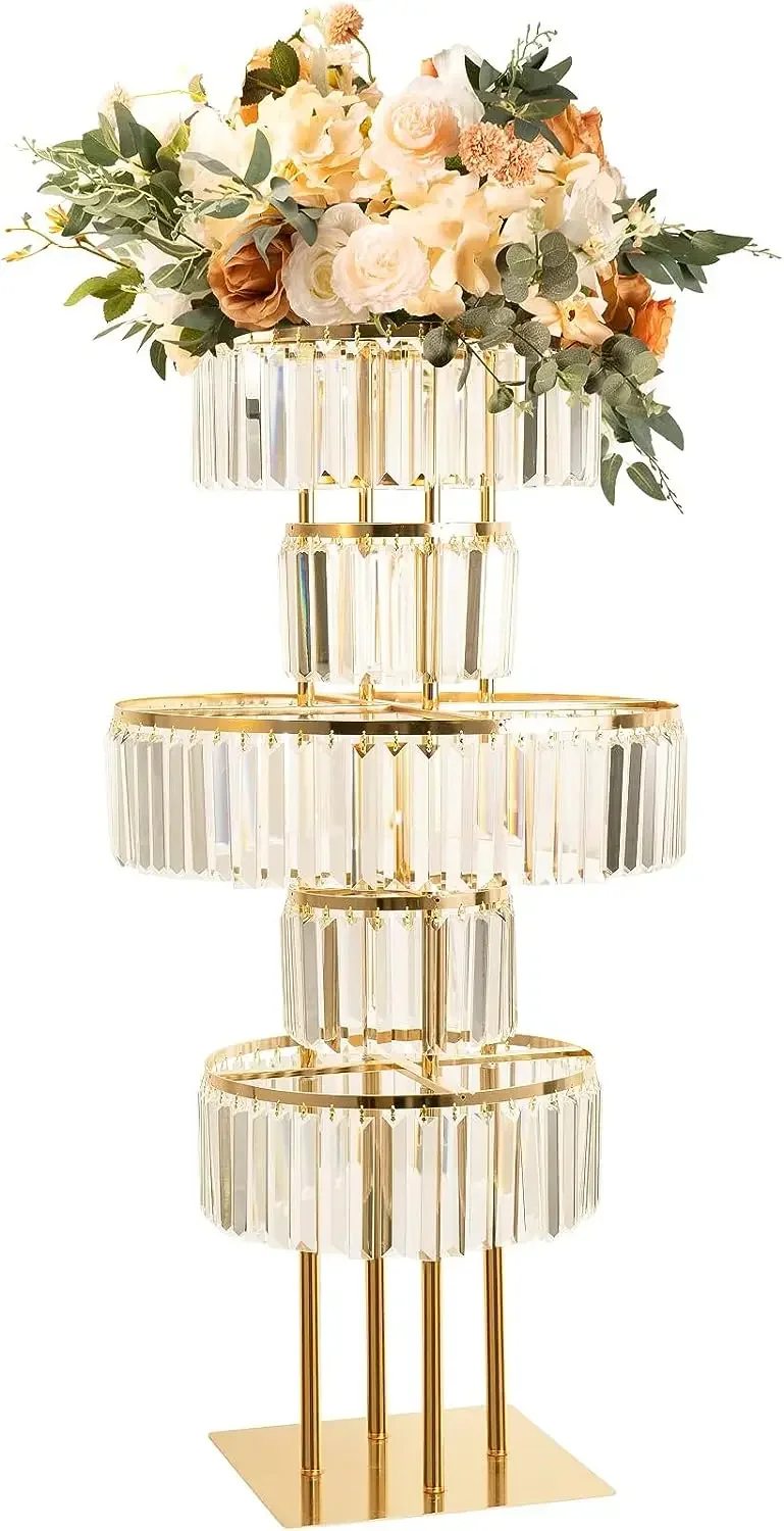 Wedding Gold Vase Centerpiece Acrylic Flower Stand with Hanging Acrylic, 5 Tier Round Chandelier Base for Wedding