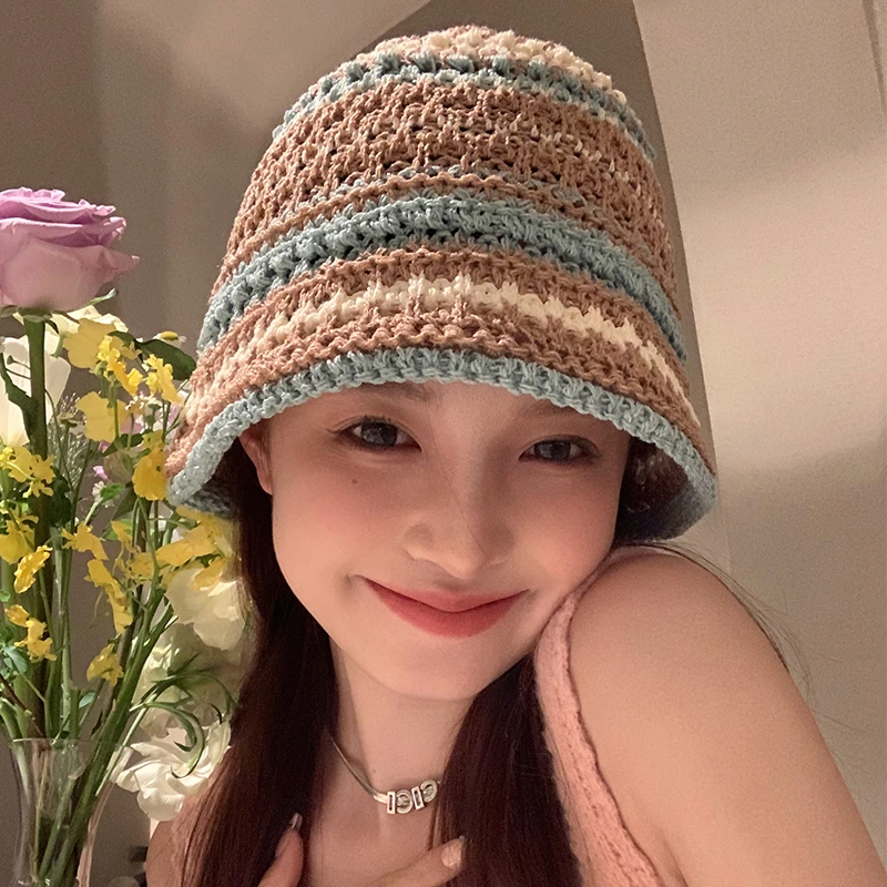 2023 Japanese Retro Hollow Flower Handmade Knitted Hat Women\'s Spring Summer Breathable Sunscreen Sun Bucket Hat