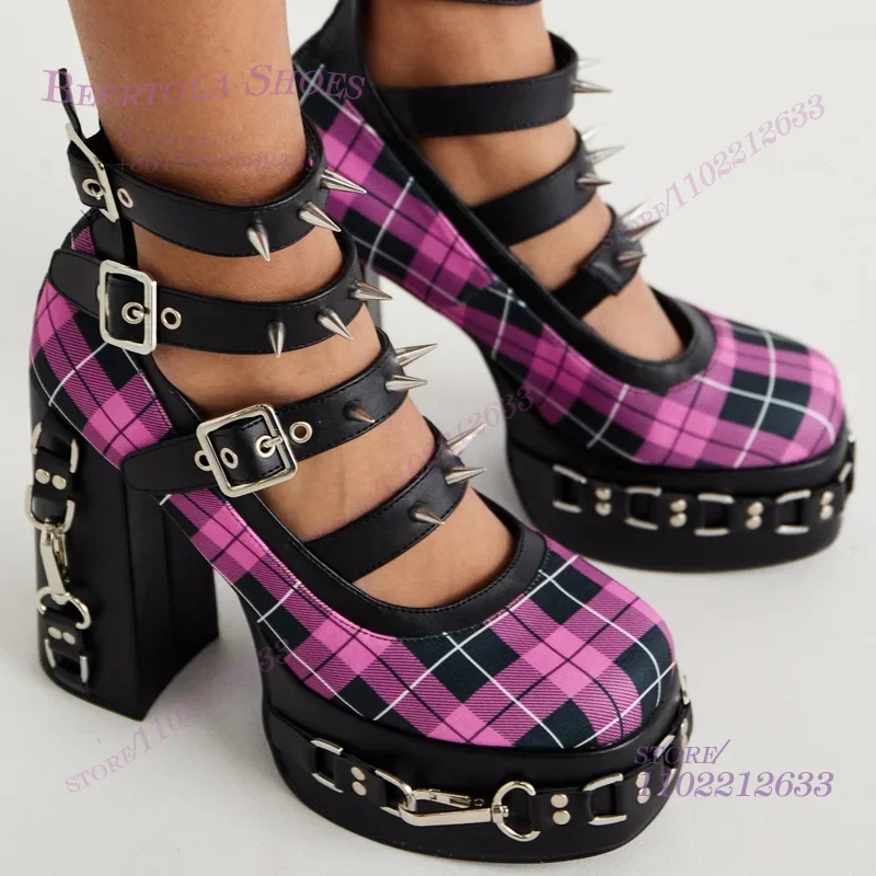 1 Light Purple Black Plaid Platform Heels Sweet Girl Metal Buckle Sandals Round Pink Buckle Pump Patent Leather Cool Women Shoes