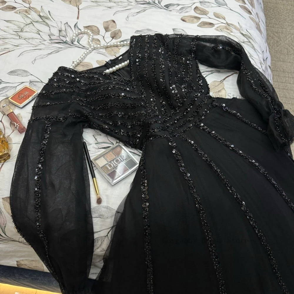 Eleganti abiti da sera a-line scollo a V maniche lunghe abiti da ballo perle con paillettes lunghezza alla caviglia abito da festa in Tulle 2024 muslimah